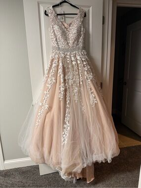 Sherri Hill Blush and Ivory Lace Appliqué Wedding Dress